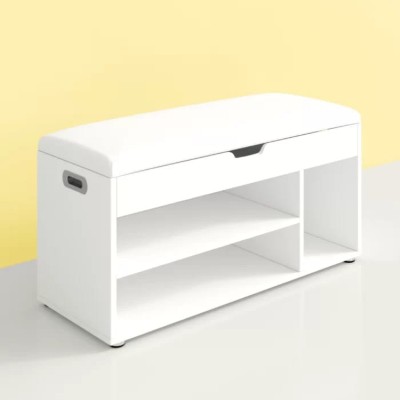 صورة خزانة أحذية خشب طبيعي بمقعد - أبيض