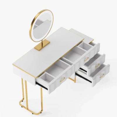 Valencia Vanity Set – Natural Wood with LED Mirror & Pouf Featuring Gold Stainless-Steel Details