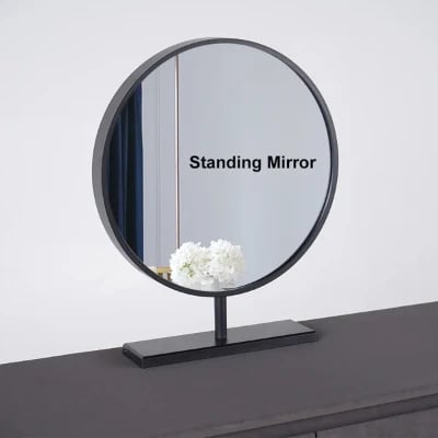 Enigma Vanity with Round Mirror and Elegant Chair – Natural Wood