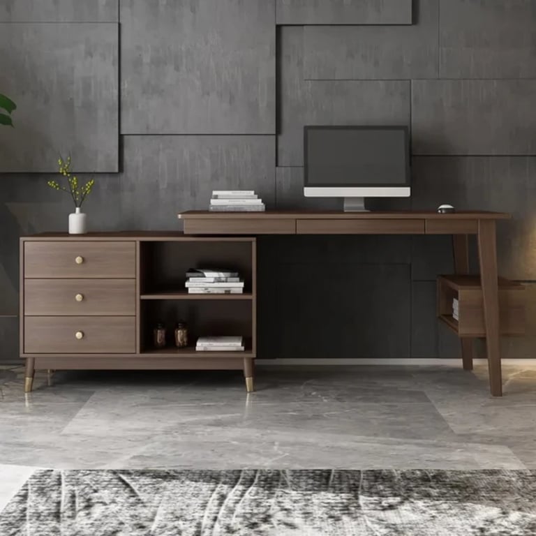 Picture of Ultic – L-Shaped Natural Wood Home Desk with Drawers & Shelf