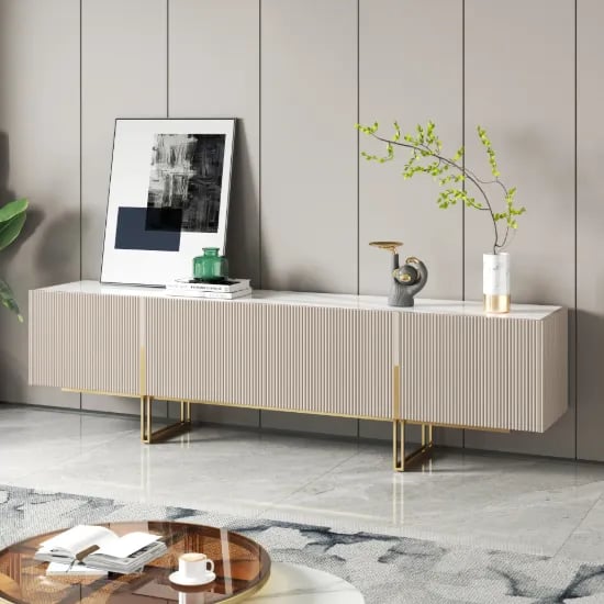 Élory - Natural Wood TV Stand with Stainless Steel Legs & Marble-Look Top