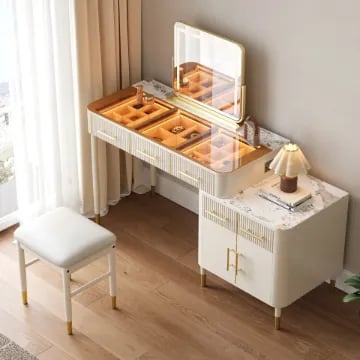 Velona Vanity Set – Natural Wood with Glass & Marble-Look Surfaces, LED Mirror & Chair