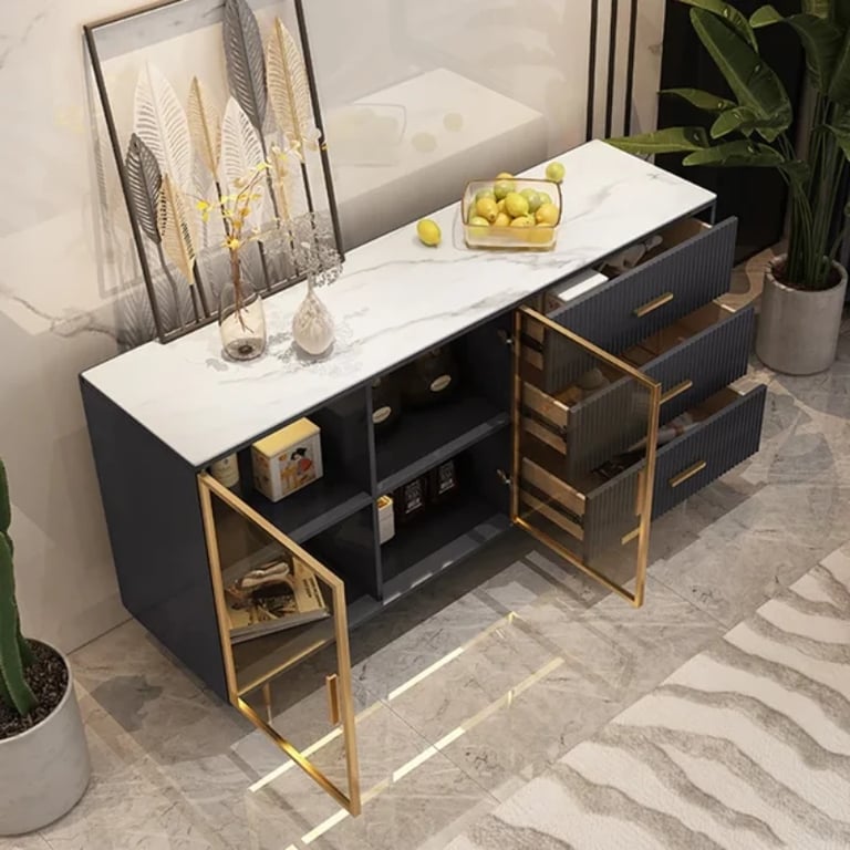 Klamf Sideboard – Natural Wood with Glass Doors and Golden Accents