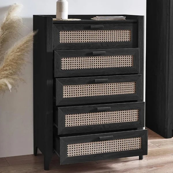 Zaria - Natural wood storage unit with rattan fronts.