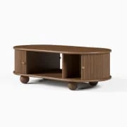 صورة طاولة قهوة توندو بيضاوية – خشب طبيعي مع تخزين وأرجل دائرية