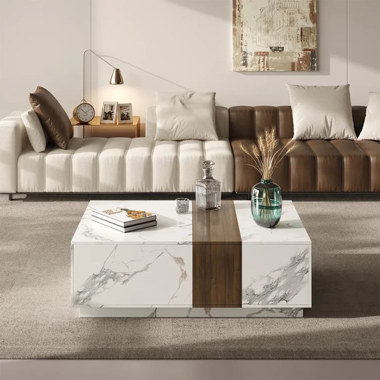 Marquina – Natural Wood TV Unit with Marble-Effect Finish and Matching Coffee Table