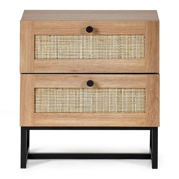 Mira Side Table – Natural Wood with Two Rattan Drawers and Elegant Black Metal Base