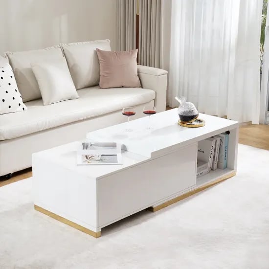 Luvano Extendable Coffee Table – White Finish with Storage Shelf