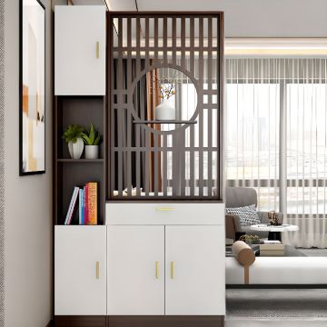 Élévé Display Divider Cabinet – Natural Wood with Decorative Panel.