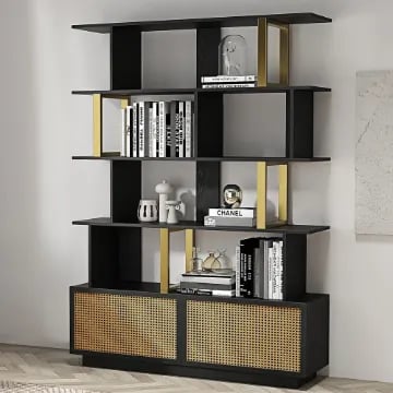Mavrin Display Shelf – Black Wood with Gold & Rattan Accents