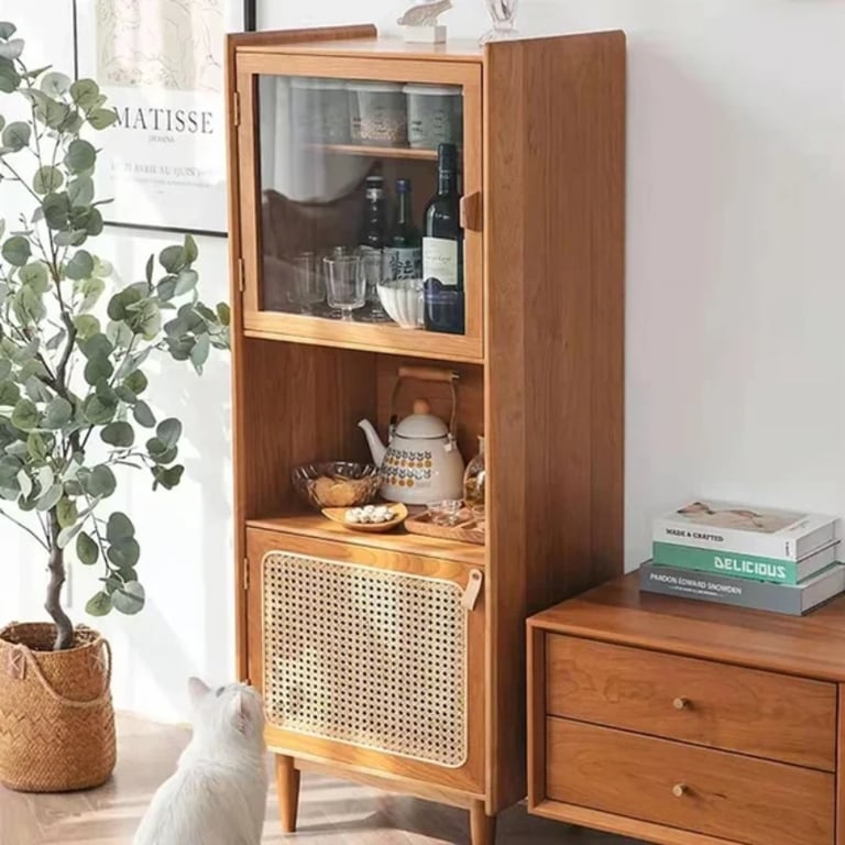 Lezaro Natural Wood Cabinet with Rattan Door