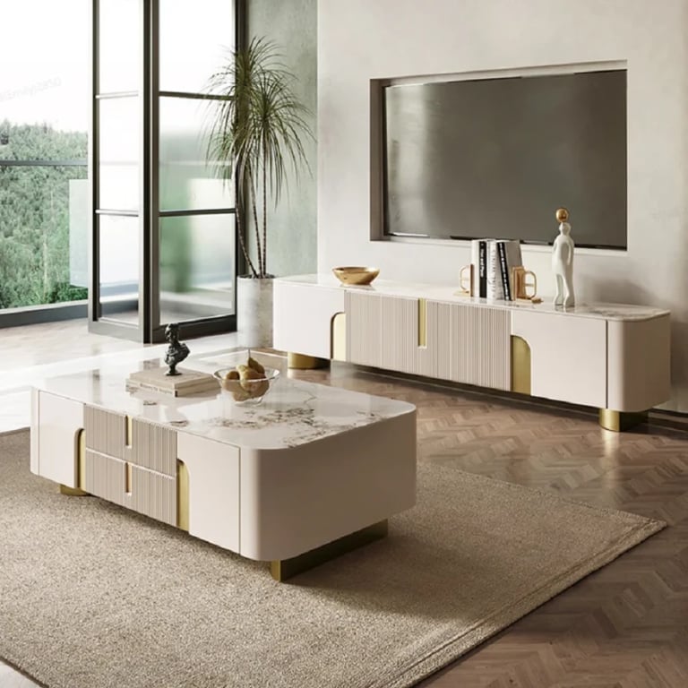Élivane – Coffee Table & TV Unit Set with Marble and Gold Accents