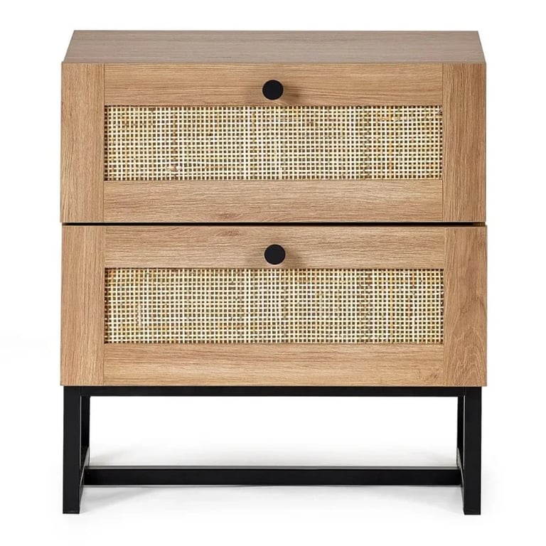 Mira Side Table – Natural Wood with Two Rattan Drawers and Elegant Black Metal Base