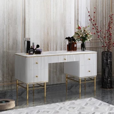 Vanity Dressing Table – Marble-Effect Top with Gold Legs