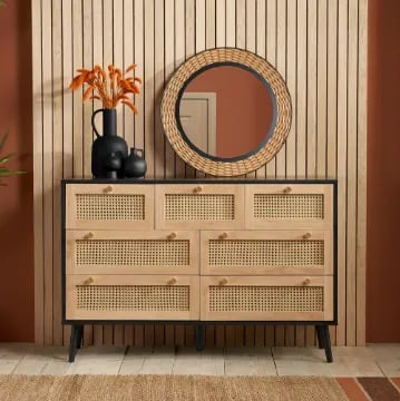 Rivena – Natural & Black Rattan 6-Drawer Wide Chest