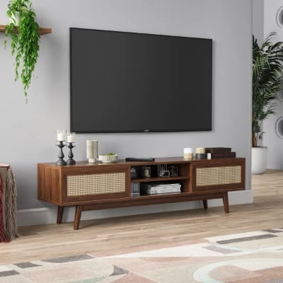 Marena – Modern TV Unit with Rattan Doors – Natural Wood