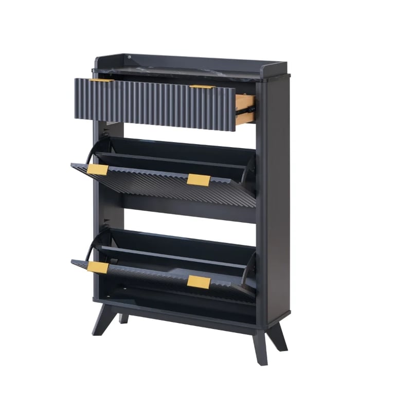 Lévon – Wavy Natural Wood Shoe Cabinet with Faux Marble Top