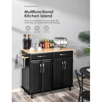 Wide Rolling Kitchen Island with Solid Wood Top