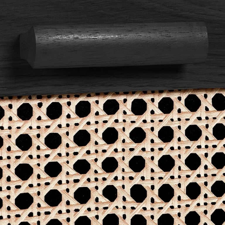 Zaria - Natural wood storage unit with rattan fronts.