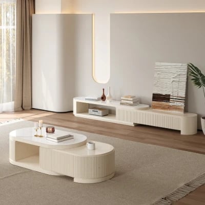 Levanto Set – Extendable TV Unit and Coffee Table with Marble-Effect Top
