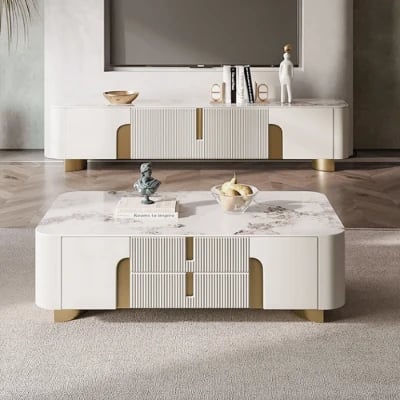 Élivane – Coffee Table & TV Unit Set with Marble and Gold Accents