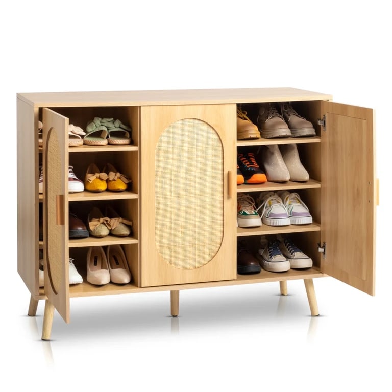Rubena – Natural Wood Shoe Cabinet with Rattan Front (Three Doors)
