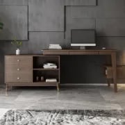 صورة أولتيك – مكتب منزلي خشب طبيعي بشكل حرف ال مع أدراج ورف