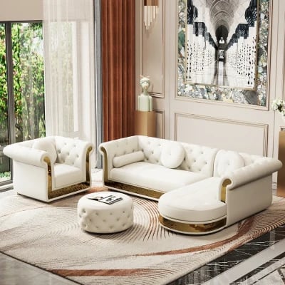 Valencia – Tufted Sectional Sofa made of Natural Wood with Gold Stainless-Steel Touch, featuring Armchair & Chaise Lounge