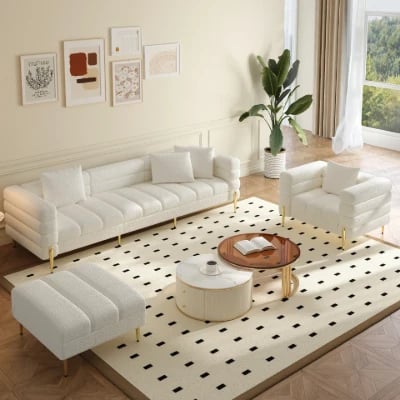 Amélis– Modern Natural Wood Sofa Set with Armchair and Ottoman, Golden Legs