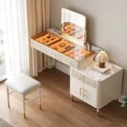 Velona Vanity Set – Natural Wood with Glass & Marble-Look Surfaces, LED Mirror & Chair