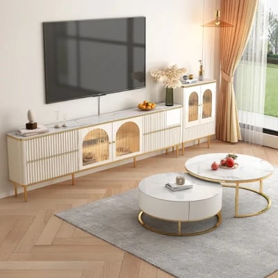 Picture of Monella TV Stand – Natural Wood with Cabinet Door and Storage Drawers