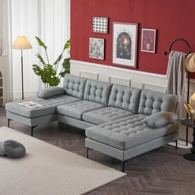 صورة جيڤارا كنبة ركنية على شكل يو– 3 قطع بقاعدة من الخشب الطبيعي