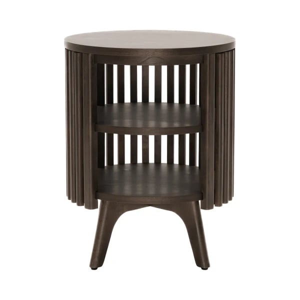 Klever Round Side Table with Slatted Design – Natural Wood