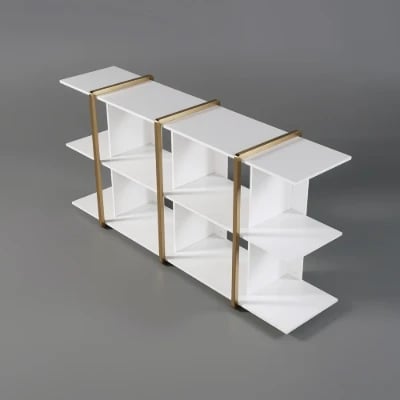 Vionna Low Display Shelf – White Wood with Gold Accents