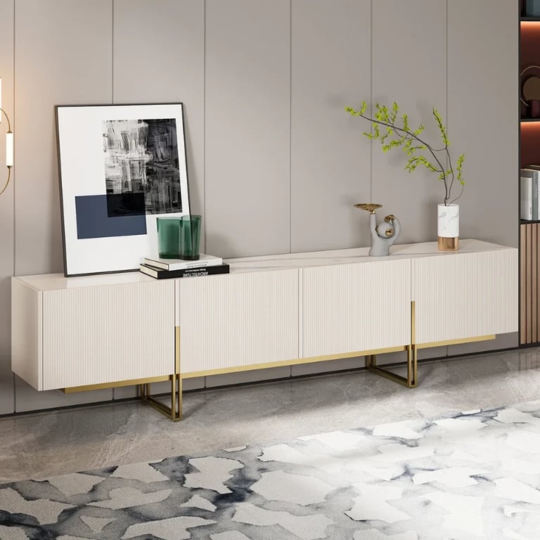 Picture of Valente Natural Wood TV Stand – Brass Base & Fluted Doors