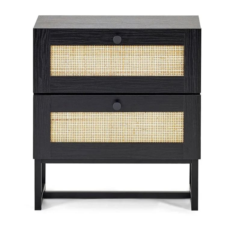 Mira Side Table – Natural Wood with Two Rattan Drawers and Elegant Black Metal Base