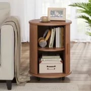 Luna – Round Side Table with Storage – Natural Wood