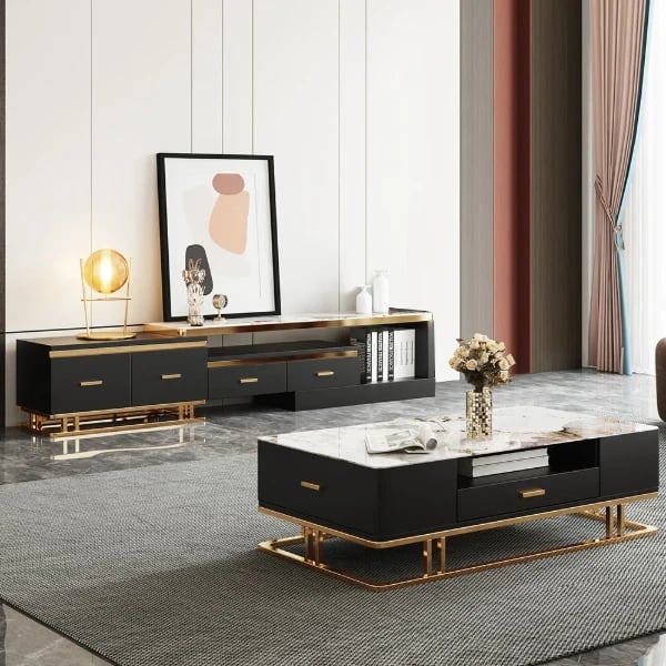 Nocturne – TV Unit and Coffee Table Set in Natural Wood with Gold Stainless Steel Accents and Marble-Look Top