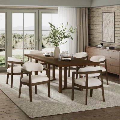 Noraya Dining Set – Natural Wood with Upholstered Chairs