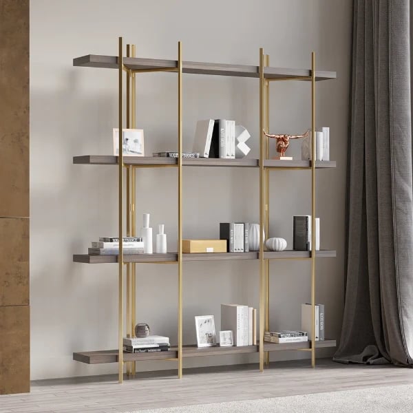 Aurore Display Shelf – Natural Wood & Gold Metal Frame