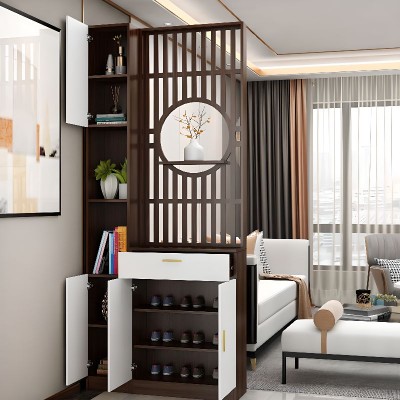 Élévé Display Divider Cabinet – Natural Wood with Decorative Panel.