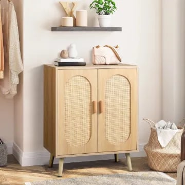Rubena – Natural Wood Shoe Cabinet with Rattan Front