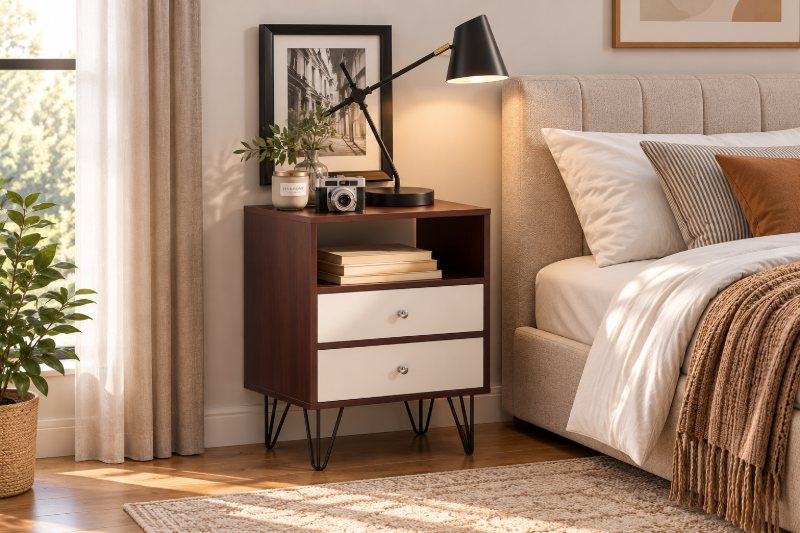 Picture of Arven – Modern Natural Wood Bedside Table with Open Shelf & 2 Drawers