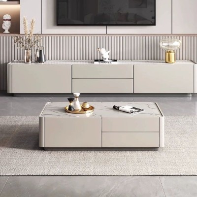 صورة طاولة قهوة لوسترا من الخشب الطبيعي – بسطح حجري وتخزين مخفي