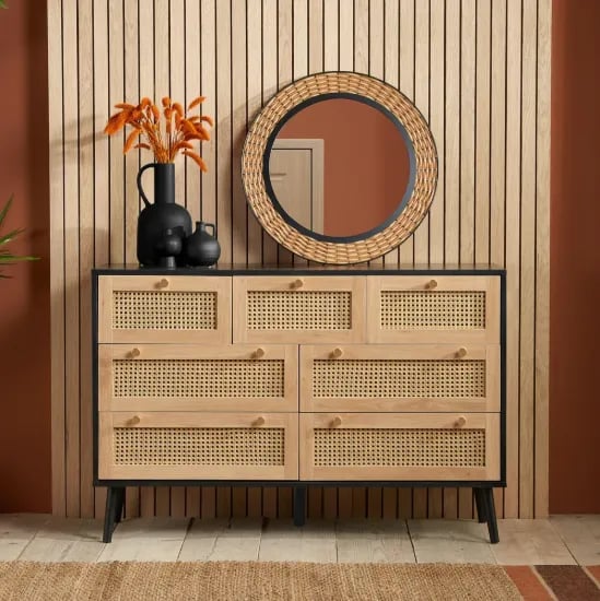 Rivena – Natural & Black Rattan 6-Drawer Wide Chest
