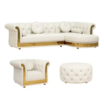 Valencia – Tufted Sectional Sofa made of Natural Wood with Gold Stainless-Steel Touch, featuring Armchair & Chaise Lounge