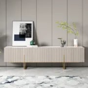 Élory - Natural Wood TV Stand with Stainless Steel Legs & Marble-Look Top