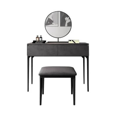 Enigma Vanity with Round Mirror and Elegant Chair – Natural Wood