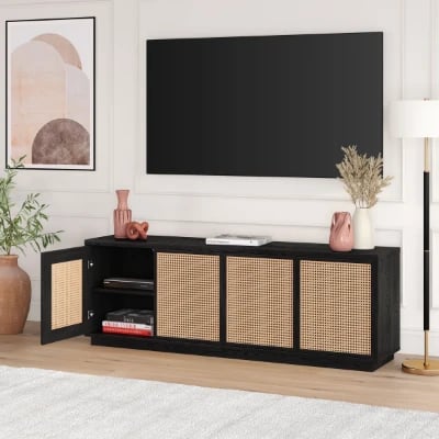 صورة راڤينا وحدة تلفزيون بواجهات منسوجة – أربع أبواب، خشب طبيعي