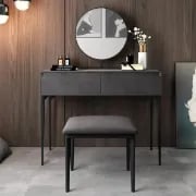 Enigma Vanity with Round Mirror and Elegant Chair – Natural Wood